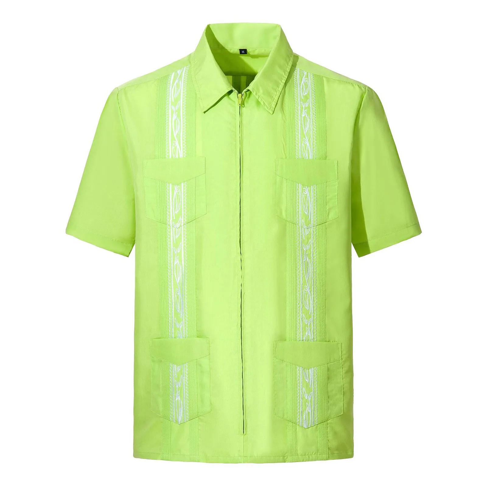 Men\'s Embroidery Shirt Full Zipper Short Sleeve Turn Down Collar Guayabera Shirts With Pockets Summer Vintage Mexican Shirt Tops