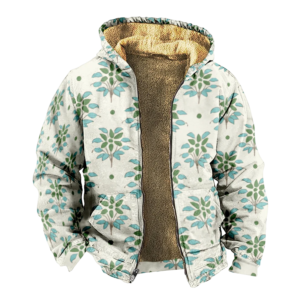 Casacos de jaquetas de inverno masculinos, verde casual planta impressão padrão roupas de algodão sobretudo esportivo diário