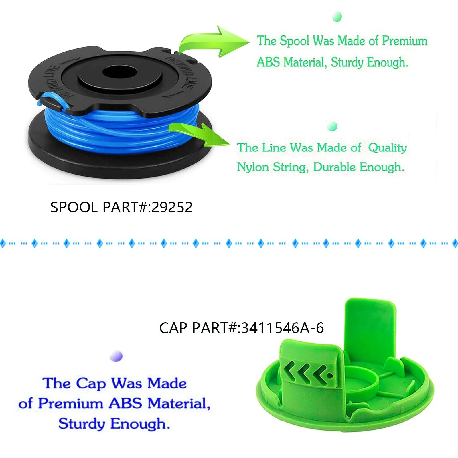 

29252 29092 String Trimmer Replacement Spool Line For Greenworks 24V 40V 80V Weed Eater Cordless Trimmer(8 Spool, 2 Cap)-A74P