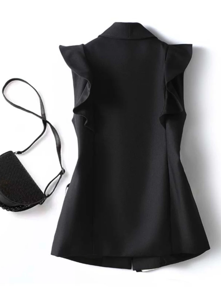 프랑스어 디자인 양복 조끼 민소매 프릴 대비 색 주머니 여성 슬림 코트 조끼 패션 우아한 2025 여성 의류