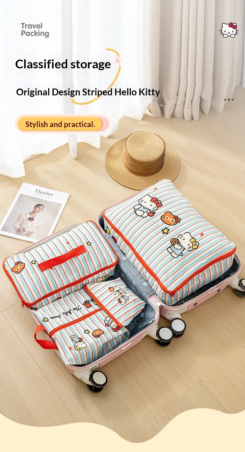 Hello Kitty Gestreifte Reise-Aufbewahrungstaschen Wasserdichte Koffer-Organizer-Tasche für Kleidung, Unterwäsche, Schuhe, Organisation, Geschenk – Detail 1