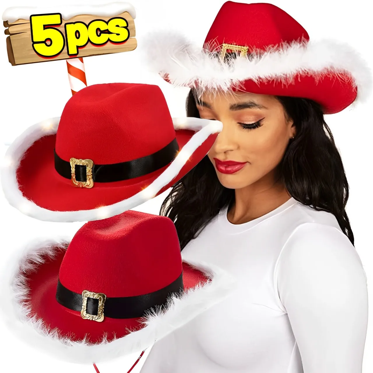 Chapeau de Cowboy lumineux pour fête du père noël, 1/5 pièces, chapeaux en feutre rouge occidental, chapeau de Cowgirl à large bord, chapeau de Jazz pour femmes et hommes