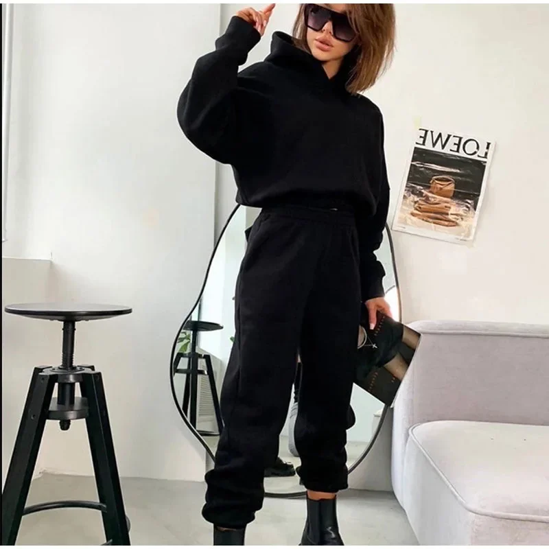 Women Tracksuit Sports Two Piece Sets Hooded Sweatshirts Streetwear Pants Solid Suit Sweatpants Jogging Trousers Autumn Outfits