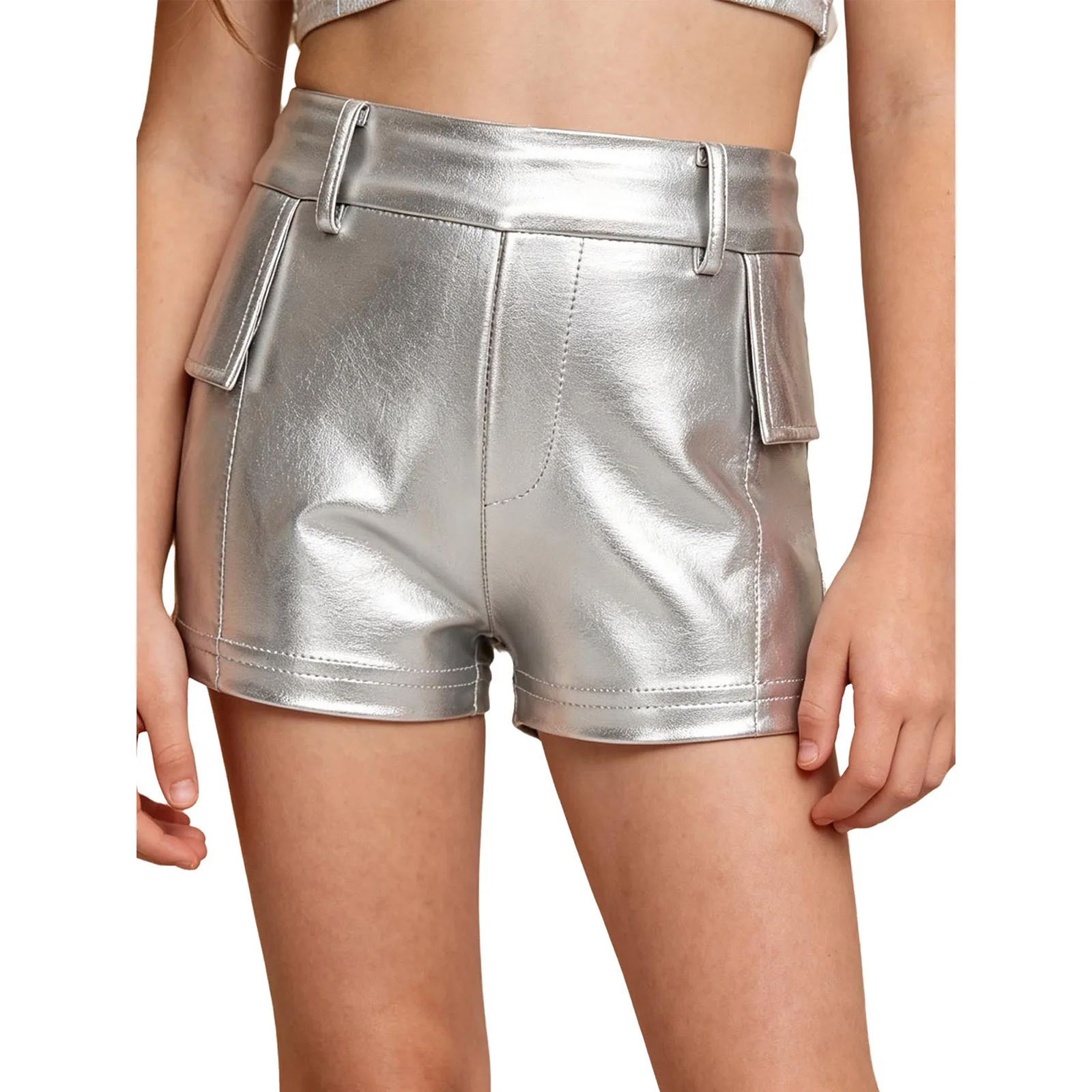 Kinder Modern Jazz Dance Bühnenauftritts-Hosen Mädchen Glänzende Irisierend Hologramm-Shorts PU-Leder Cargo-Kurzhosen – Detail 11