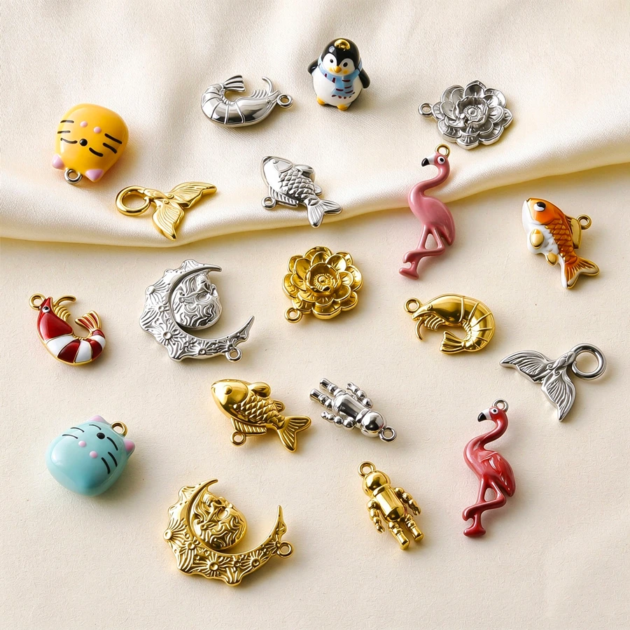 7Pcs 3D Skull Head Penguin Carp Shrimp Flower Totoro Pendant DIY Stainless Steel Jewelry Making Earring Necklace Accessories