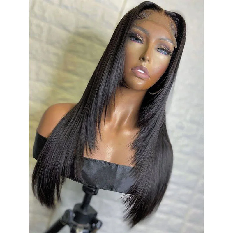 

Soft Preplucked Black26 Inch 180% Density Long layered hair Silky Straight 13*4 Lace Front Wig With Baby Hair Fiber Glueless Wig