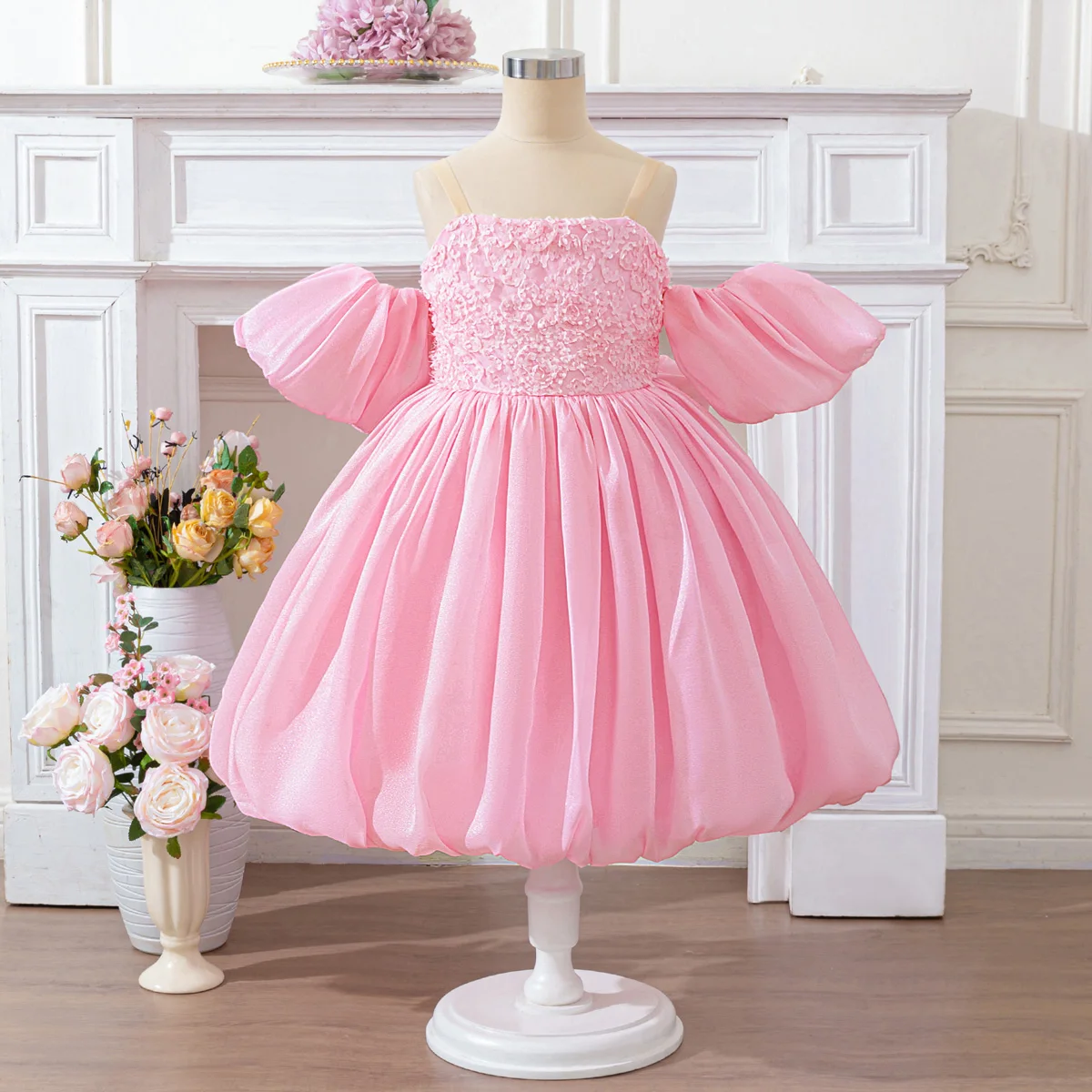 Elegant White Bridesmaid Party Girls Dresses Puff Sleeve Wedding Evening Gown Fashion Big Bow Princess Birthday Graduation Dress - view 2