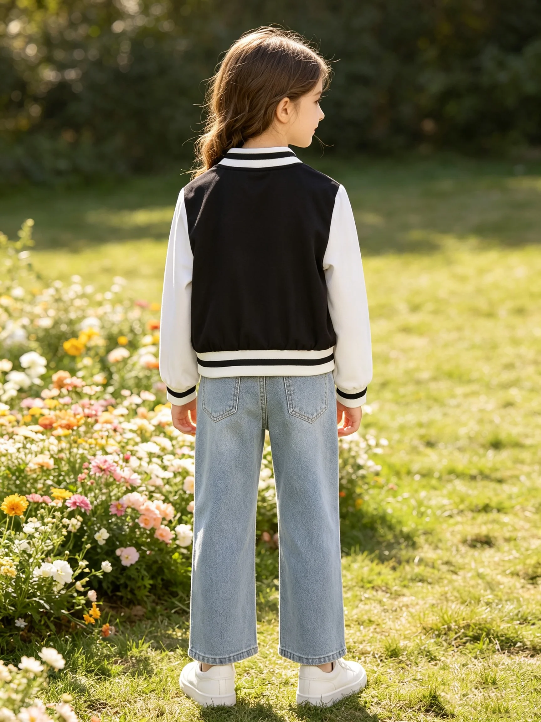 Spring And Autumn Girls' Sweet Cool Baseball Jacket Short Black And White Color Blocked Trendy Cool Photo Dressing Coat