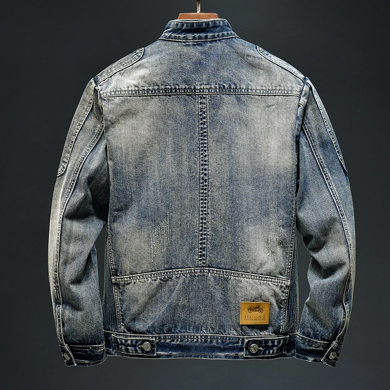 2024 baru musim gugur nostalgia sepeda motor Denim pakaian pria High-End Vintage ritsleting Fashion Slim berdiri kerah jaket tampan