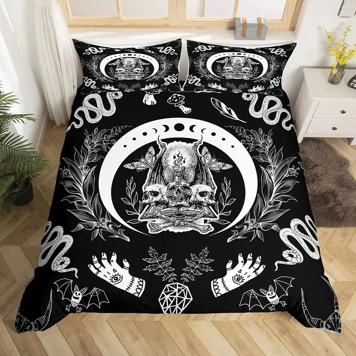 

Death Moth Duvet Cover Set Skull Bedding Set Snake Mandala Moon Phase Comforter Cover Trippy Skeleton Quilt Cover Set Queen Size