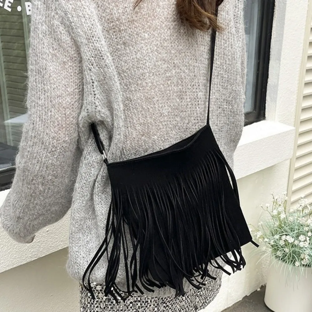 Bolso Bandolera Retro con Borlas, Gran Capacidad, Estilo Vintage Bohemio, Diseño con Flecos, Bolso de Hombro/Axilar de Ante