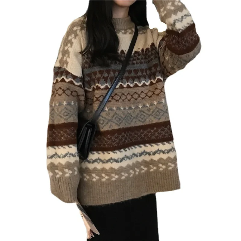 Vintage Sweaters Women Pullover Winter Striped Jumpers Korean Style Loose Pullover Knitwear Casual Loose Sweater Pull Femme