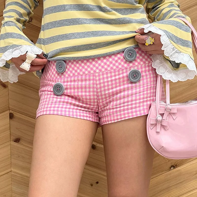 Sommer Damen Y2K Street Club Gingham Karierte Vier-Knopf-Dekor Niedrige Taille Ultra Kurze Bodycon Booty Hot Pants Shorts – Detail 10