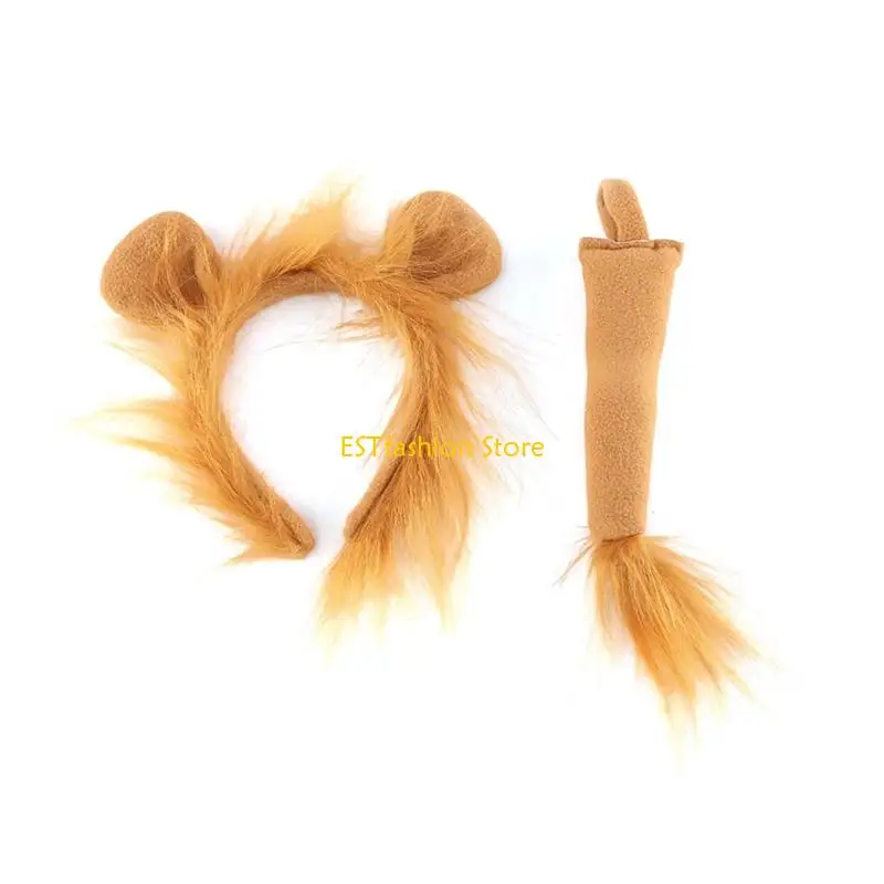 Y5GC Kids Animal Costume Lions Ears Headband Tail 2 pcs Set
