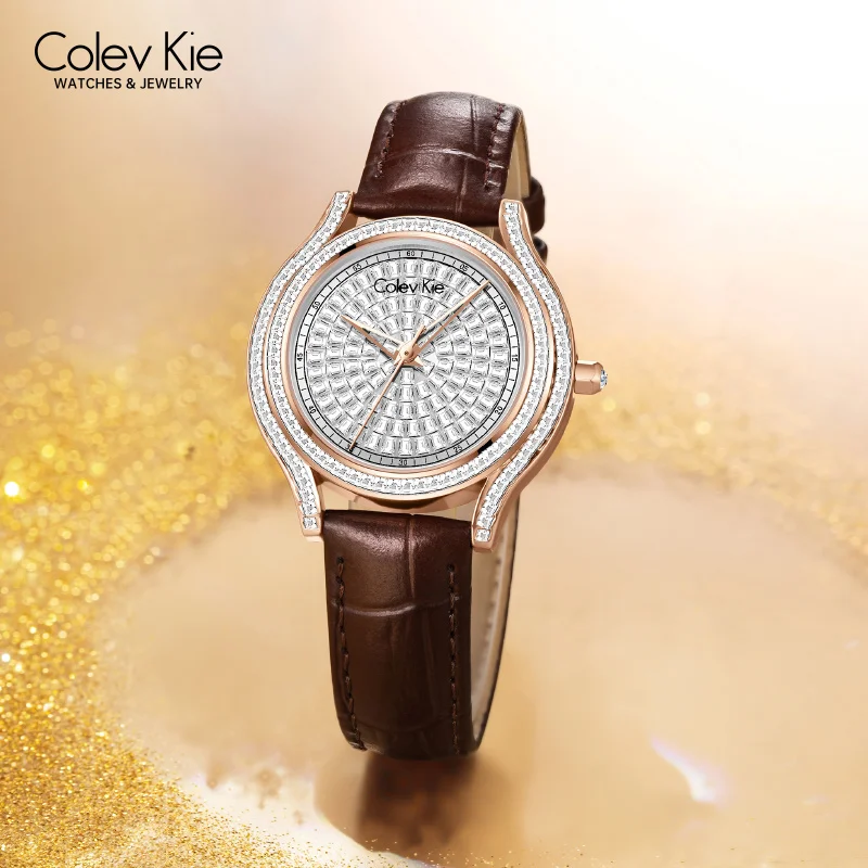 ColevKie-Relojes de pulsera con correa de cuero para mujer, reloj de cuarzo redondo con diamantes, conjuntos de regalo a la moda