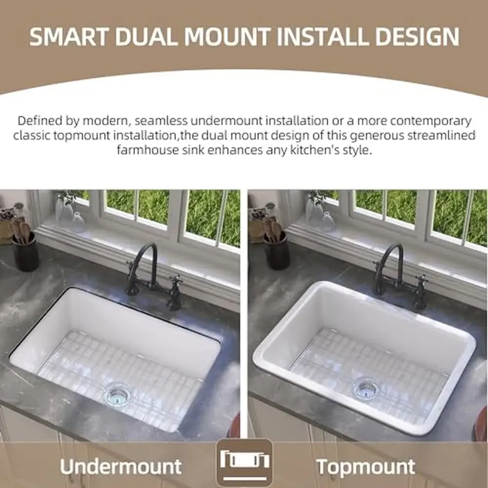 Fireclay Kitchen Sink 27X19 Single Bowl Topmount Undermount Drop in Farm Sink Ultra Durable Deep Basin Easy to Clean Modern