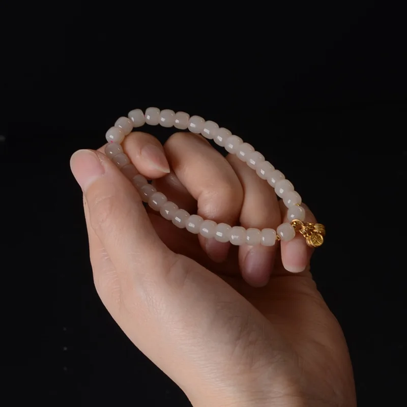 Hetian Jade Bracelets Lotus Pink Beaded Bracelets Single or Multi Loop Round Bead Bracelets Lucky White Jade Bangles Gifts