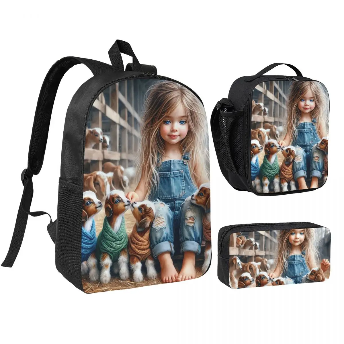 Farm Scene Little Girl And Lamb Backpack Boys Girls BookBag School Bag Shoulder Bags 3ps Insulated Lunch Bag Pencil Case
