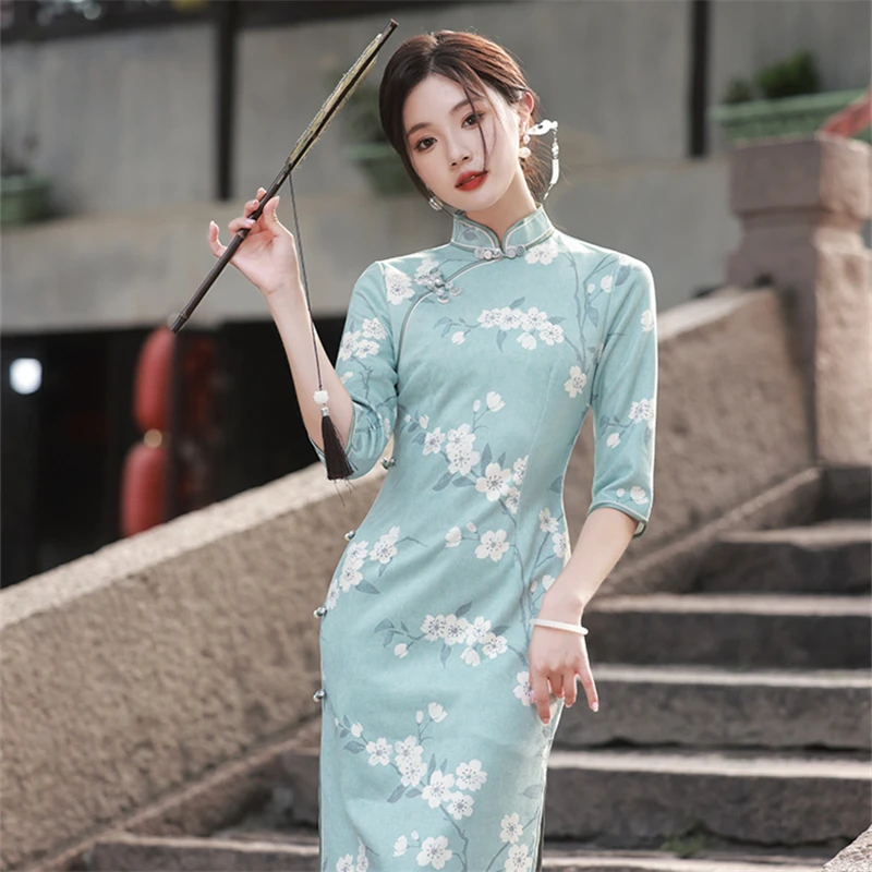 Elegant Print Qipao Chinese Style Costume Suede Fabric Long Cheongsam Stand Collar Mid Sleeve Side Slit Slim Fit Dress for Women