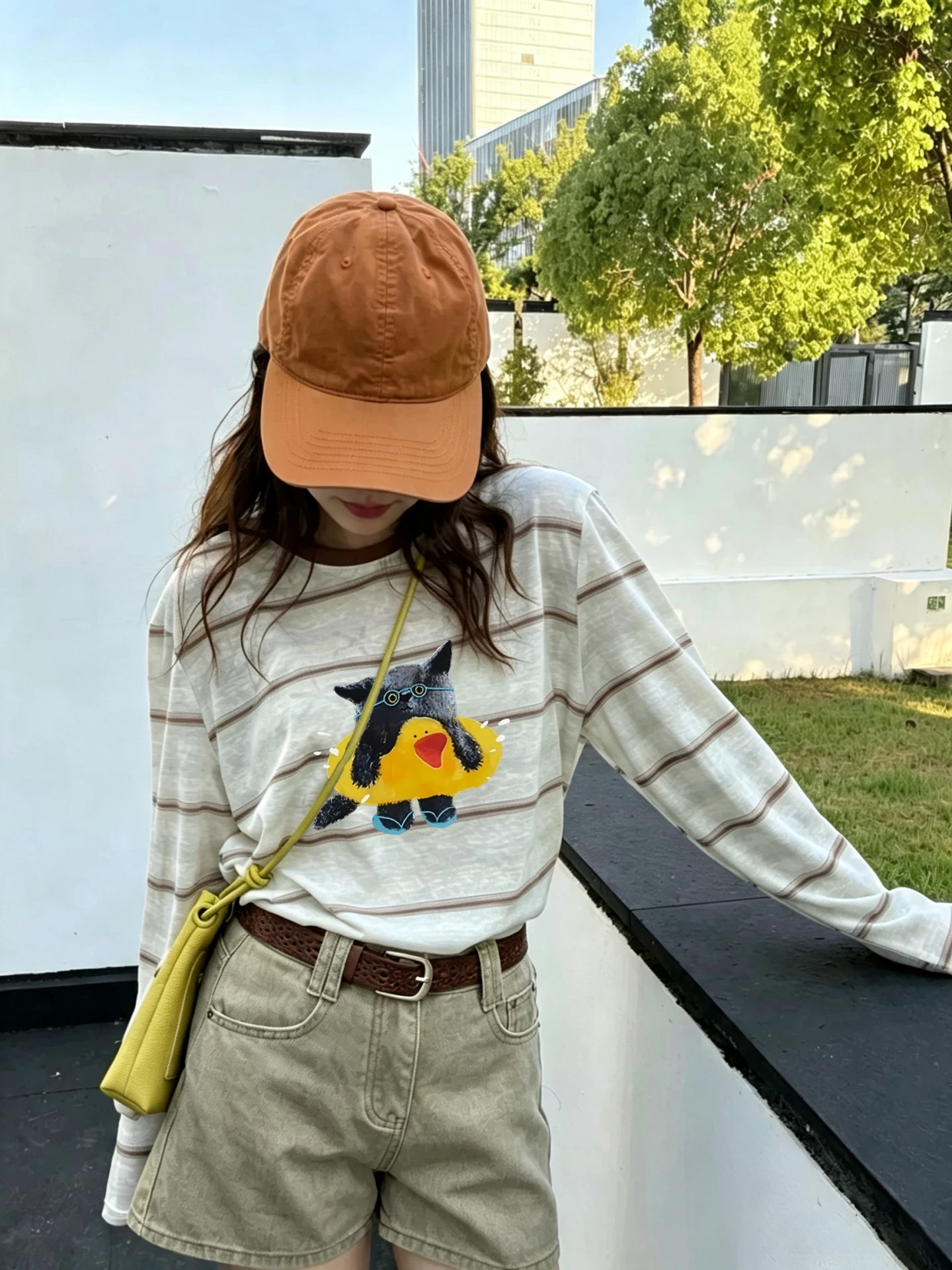 Retro Korean Long Sleeve T-Shirt Women's Cartoon Print Anti-Aging White Stripe Snowflake Cotton Sunshade Cover up