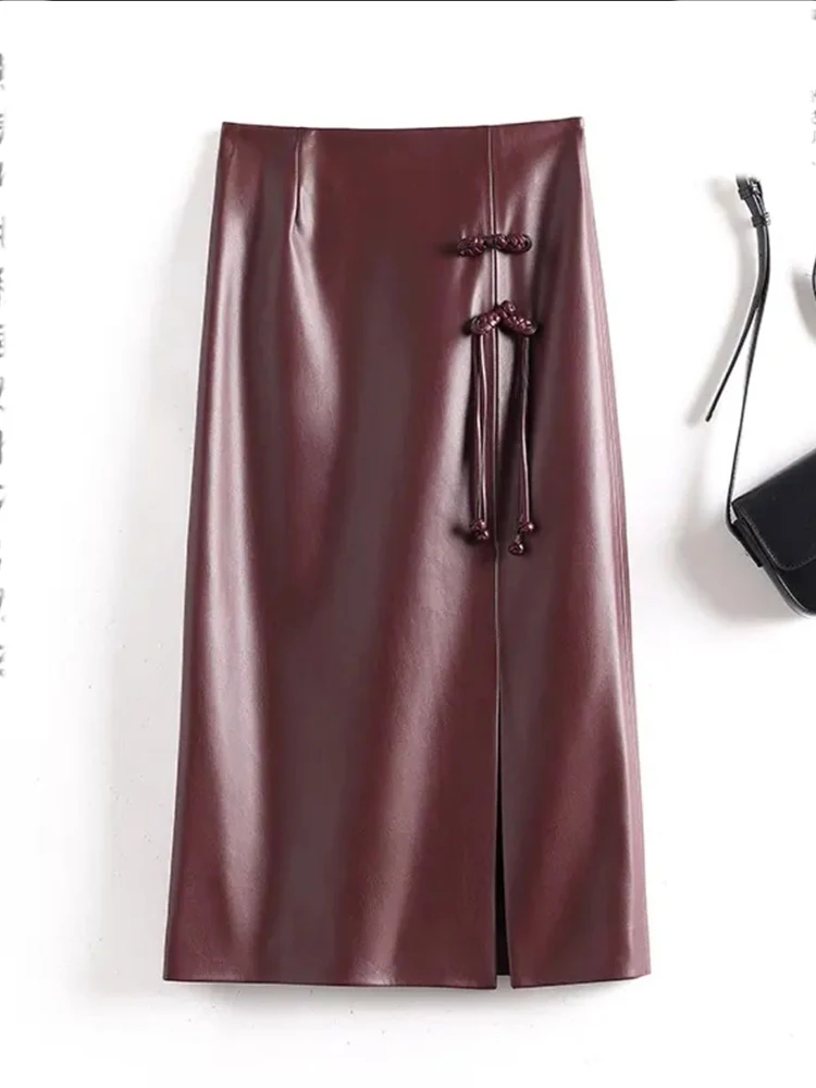 New Chinese style slimming PU leather half skirt autumn winter new split high waist national style buckle design half skirt
