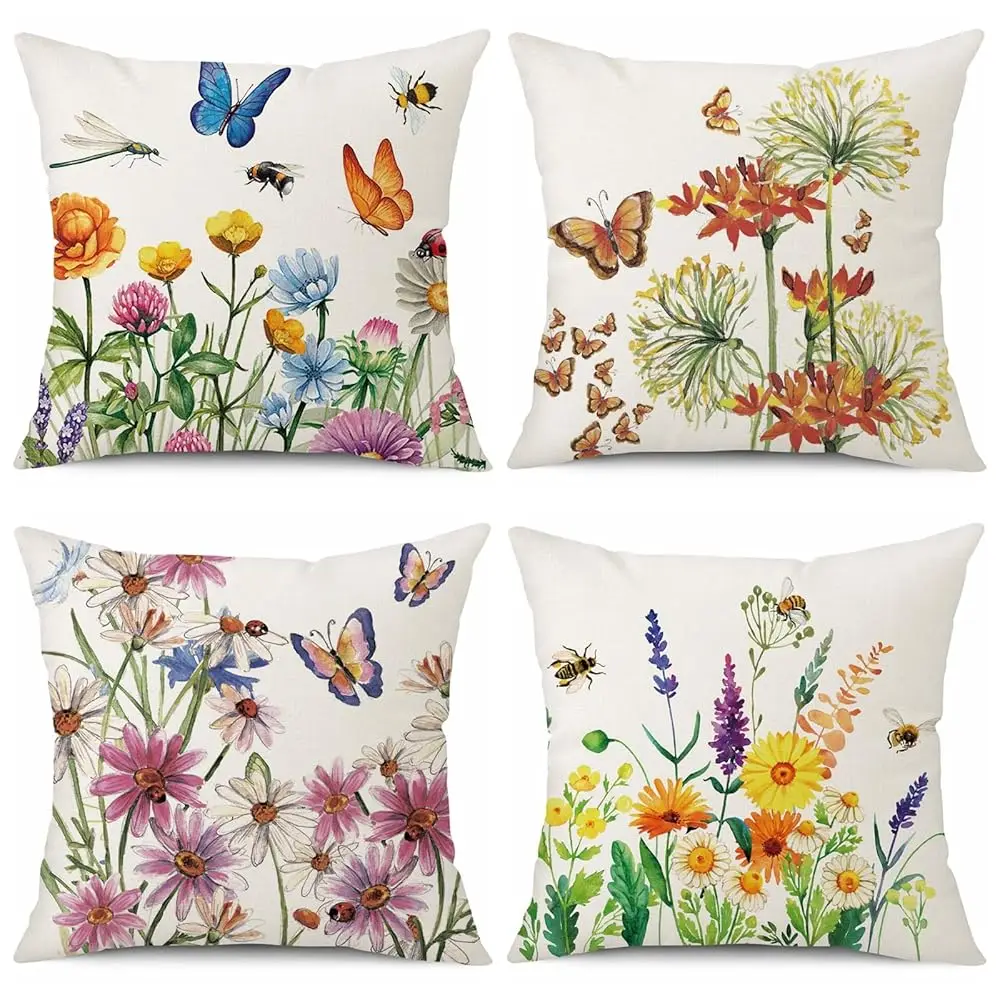 

Throw Pillow Covers 18X18 Set Of 4 Summer Spring Pillow Covers Flower Butterfly Farmhouse Cushion Case For Sofa Couch Outdoor