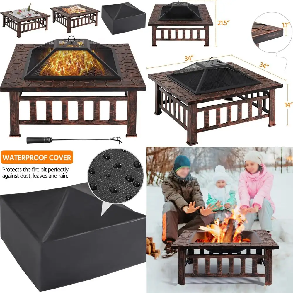 

34" outdoor fire pit with screen, waterproof cover, and poker for patio bonfire and bbq