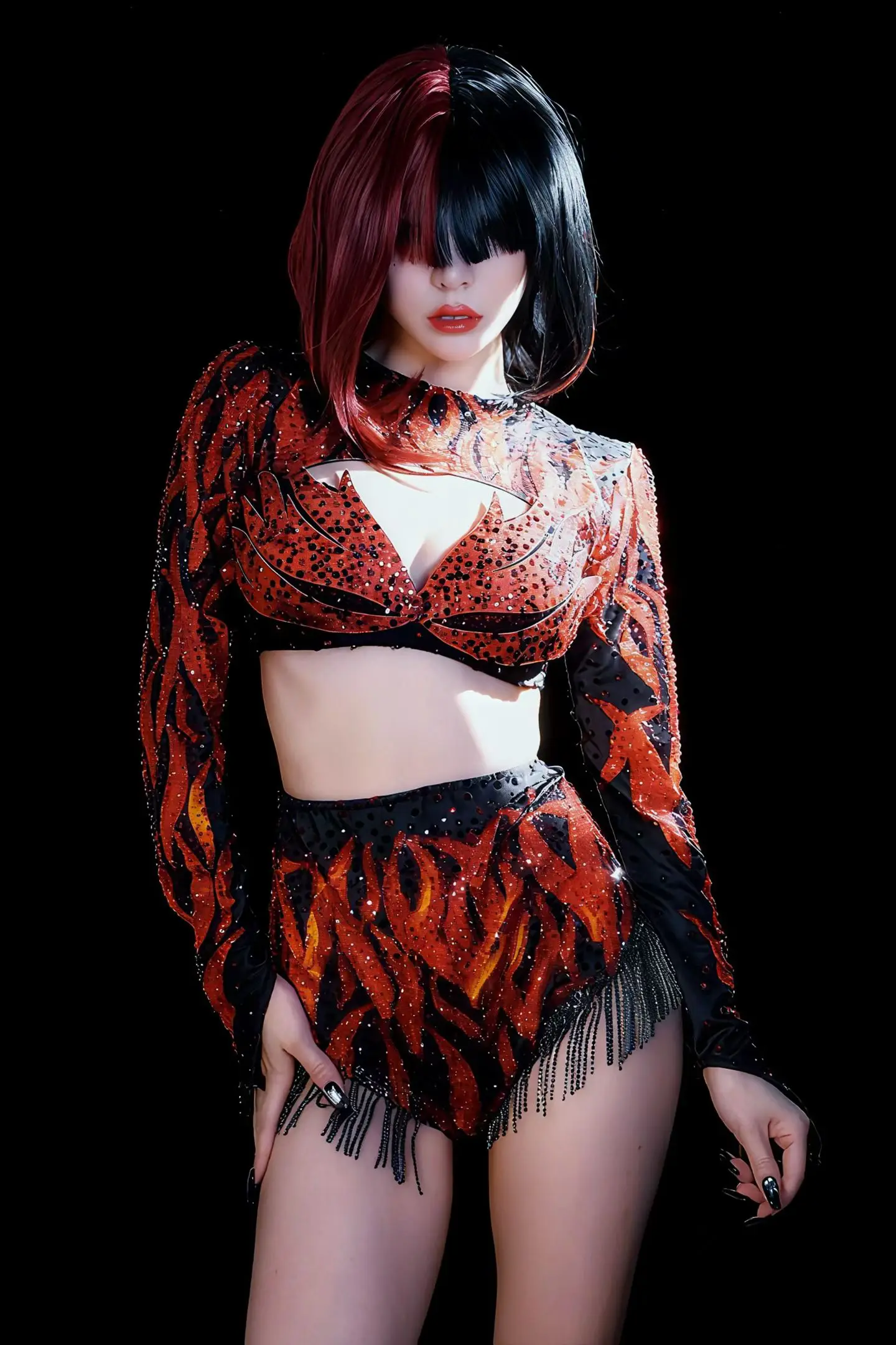 Party Show Sparkly Rhinestone Red Low-cut Crop Tops Bodysuit  2Pieces Set Tassel Nightclub Drag Queen Performer Outfit Hongyun