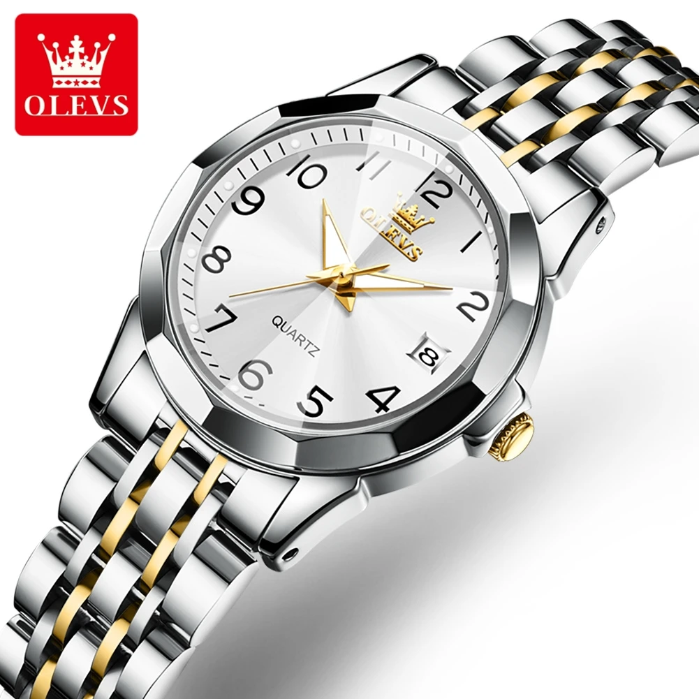 OLEVS Quartz Watch for Women Rhombus Mirror Solid Stainless steel Date Digital Dial Waterproof Elegant Bracelet Watch Set Gift