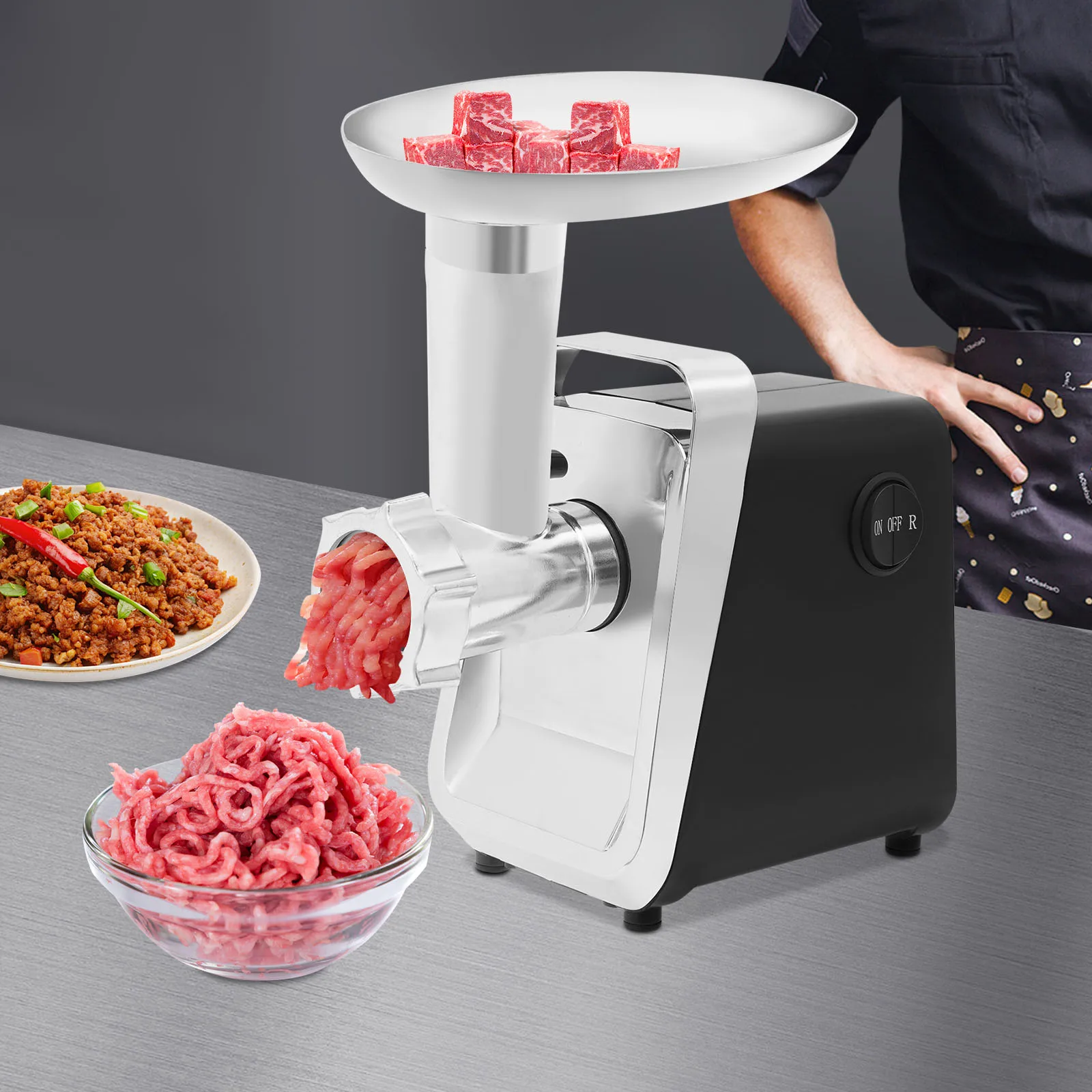 250W Elektrischer Fleischwolf, 420 Edelstahl-Küchenmaschine mit 3 Schneidköpfen & Wurstfüller für die Heimküche