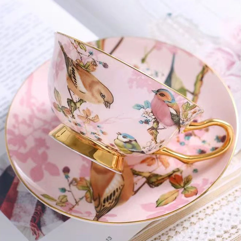 

European Cup and saucer set Light luxury Coffee cup Porcelain Golden edge Magpie on the branches Afternoon Tea time Nice Gift