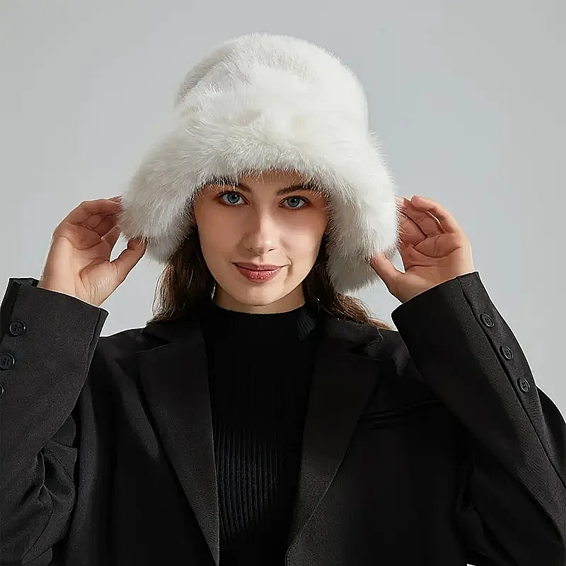 Winter Faux Fur Bucket Hats For Women Warm Plush Fisherman Hat Fuzzy Fluffy Cap Outdoor Stylish Panama Caps New Year Presents Va