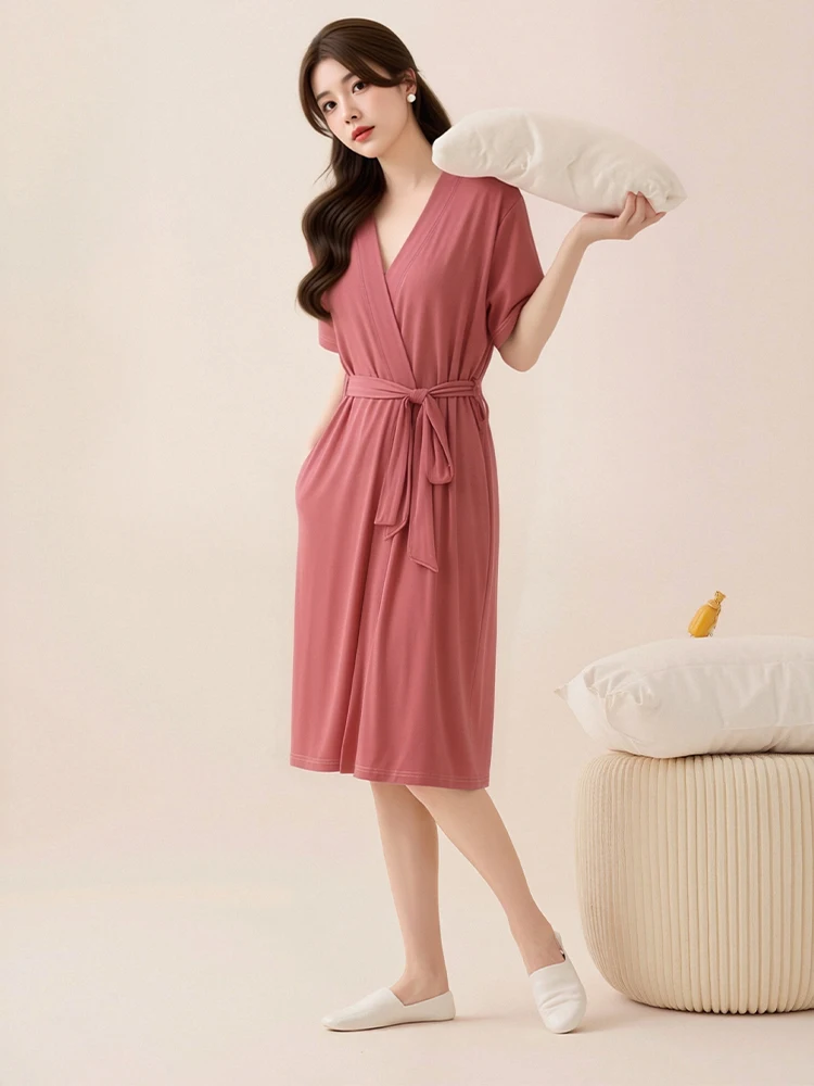 

Summer Thin Modal Loose Home Robe Casual Oversize Short Sleeve Bathrobe Pure Color Belted Long Sleepwear Women's Home Clothes
