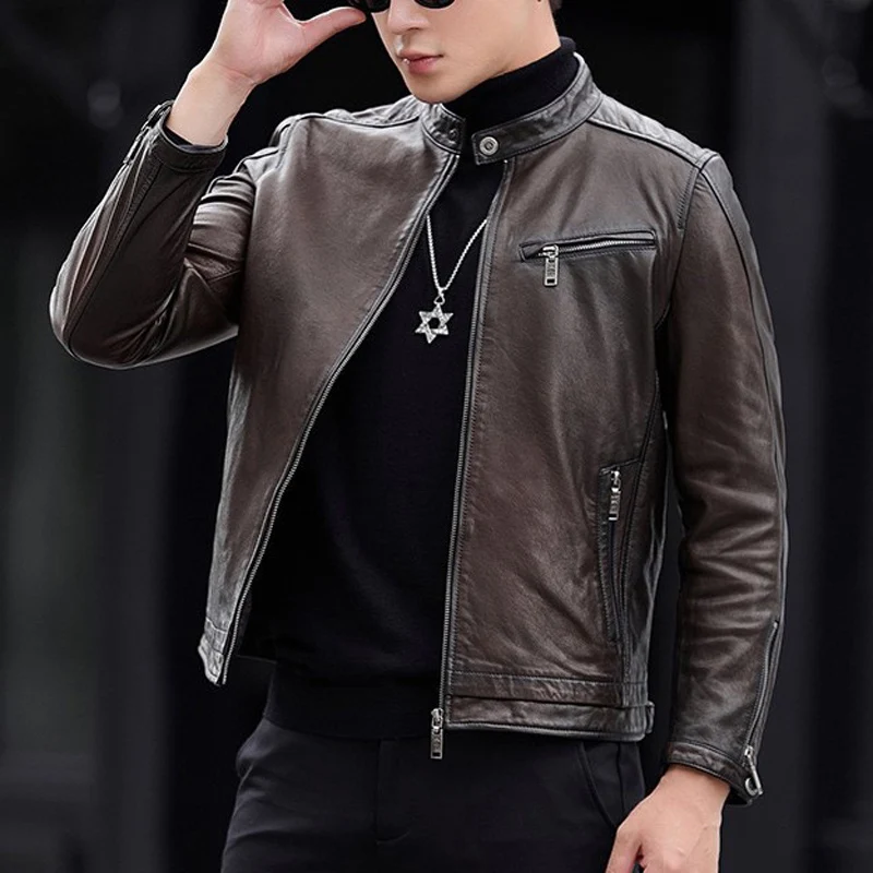 Moto Leather Jacket for Men Genuine Sheepskin Vintage Motorcycle Cropped Coat Stand Collar Slim-fitting Distress Chaqueta Hombre