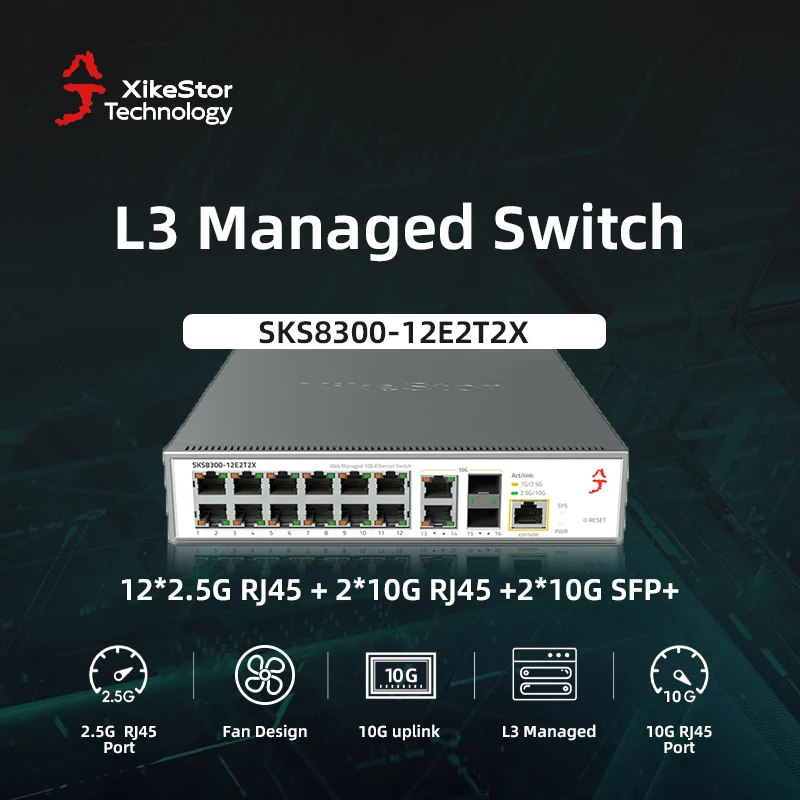 

XikeStor L3 Managed Switch 12 Ports 2.5G RJ45 2 Ports 10G RJ45 2 Ports 10G SFP+ Ethernet Switch Support VLAN/ DHCP WEB/CLI