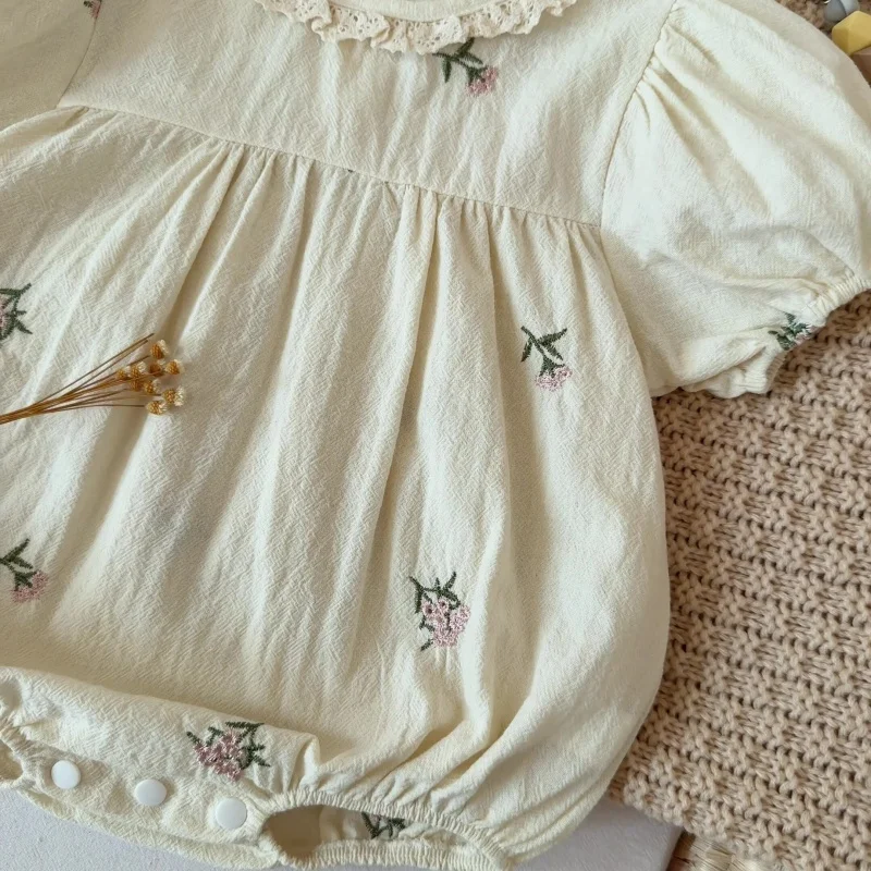

2026 Summer Shorts 1-18M Newborns Clothes Girl Korean Style Baby Bodysuit Embroidered Flowers Toddler Romper