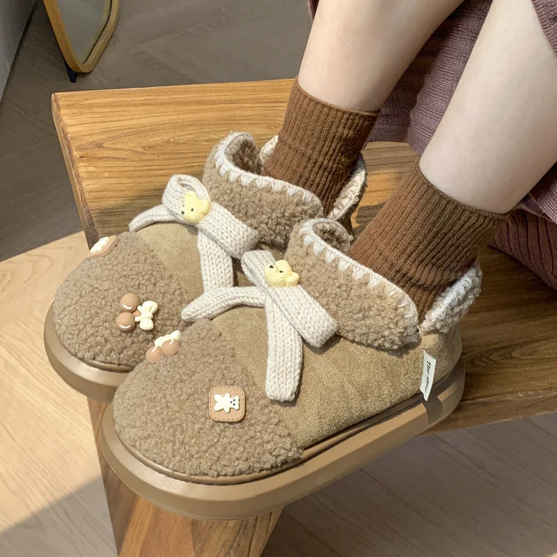 Women's Winter Fashion Snow Boots with Bow Flower Design Fluffy Plush Lining Non-Slip Outdoor Shoes with Thick Sole Cotton Shoes