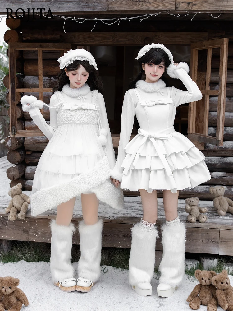 

Plush Coat Playful and Cute Three-Section Hem JSK Dress Set Women Romantic Winter Lolita White Dress Semi-Sheer Mesh Overskirt