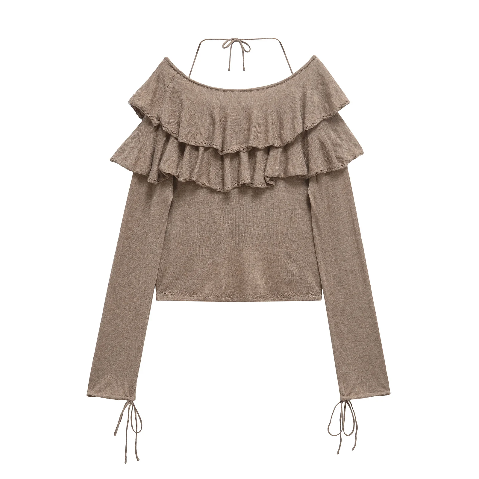 Dave&Di Minimalist Women's Clothing Elegnat Khaki Ruffled Knit Shirt Spring Layered Blouse Women Pullover Loose Sweaters Top