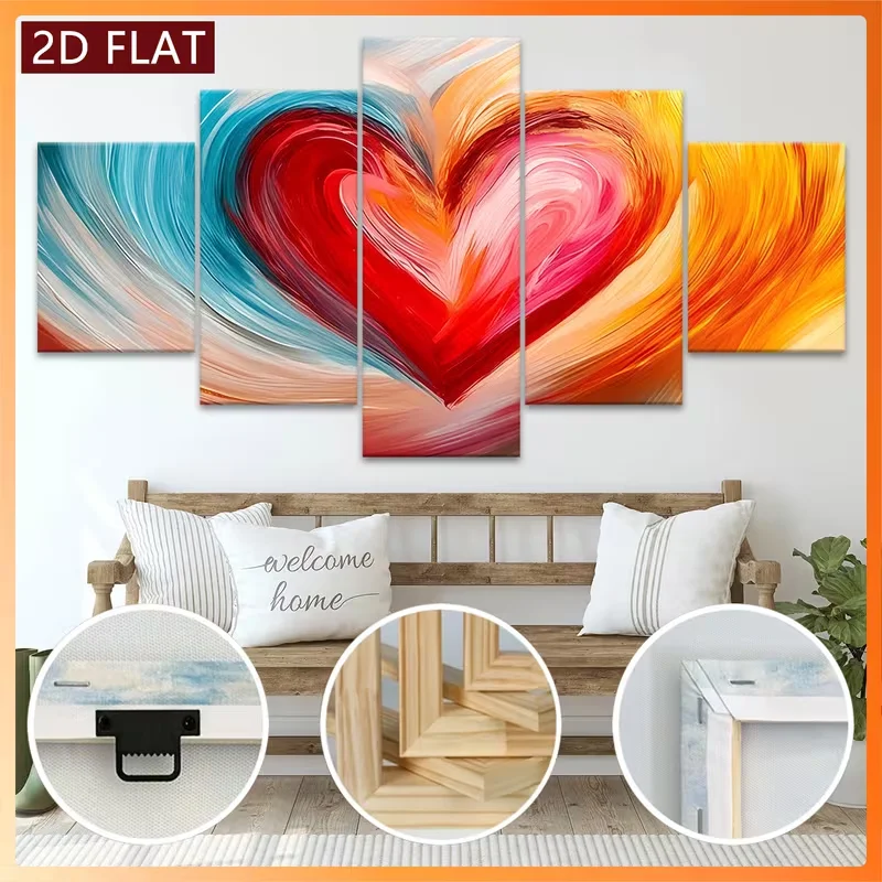 2D Flat 5pcs No Framed Canvas Painting | Abstract Colorful Heart Art, Fashion Decorations, Modern Art, Canvas, Valentine'S D