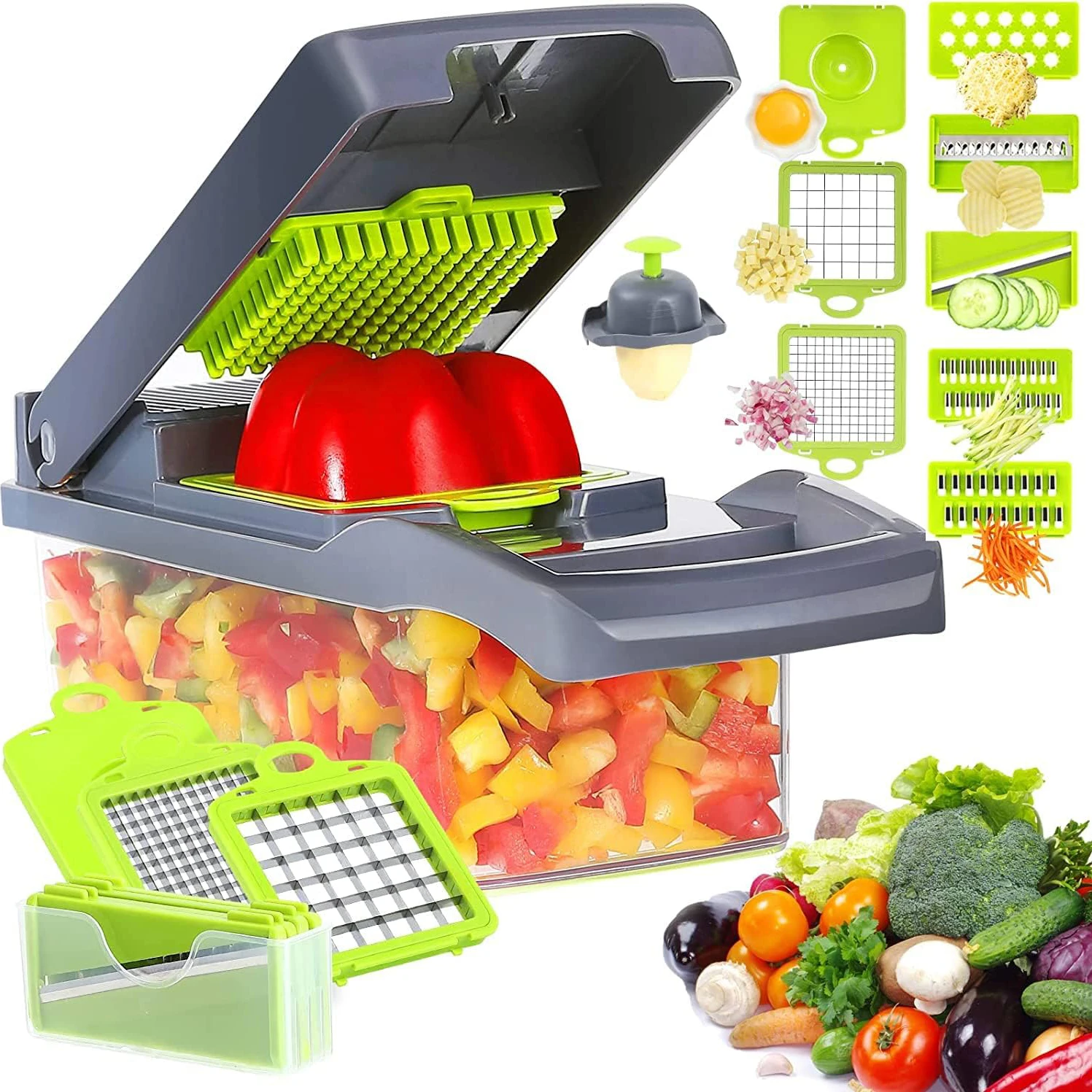 Professional Vegetable Cutter with Filter Basket, Onion Chopper, Carrot Potato Shredders, Garlic Grater, Kitchen Gadget, 12 in 1