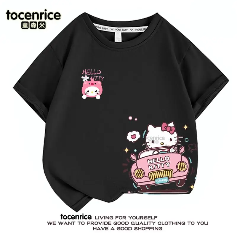 T-Shirt à Manches Courtes en Coton pour Fille, Kawaii, Hello Kittile, Doux, Coréen, Étudiant, Décontracté, Respirant, Cadeaux pour Enfants, Été