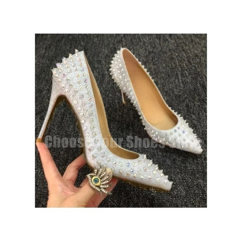 

Newest Pointed Toe High Heel Shoes Sexy Silver Glitter Embellished Rivets Studded Stiletto Shoes Women Dress Shoes