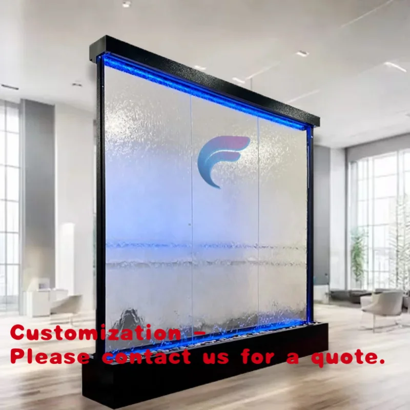 

custom.Customized Indoor Glass Waterfall with Color Changing LED Lights and Modern Luxury Design Feature Wall