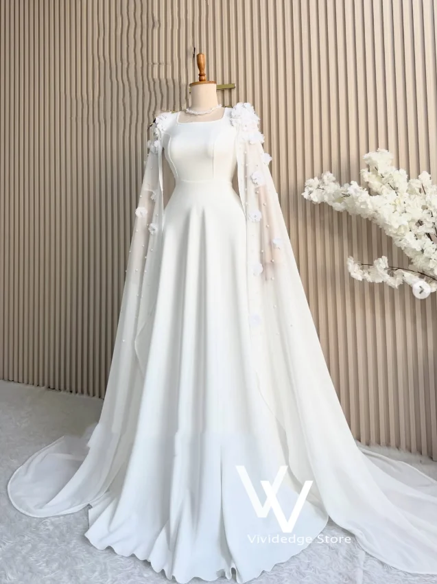 Customized White Muslim Bridal Gown for Women vestido novia Square-neck Kaftan with Appliqué Beaded Shawl robe Wedding Dress