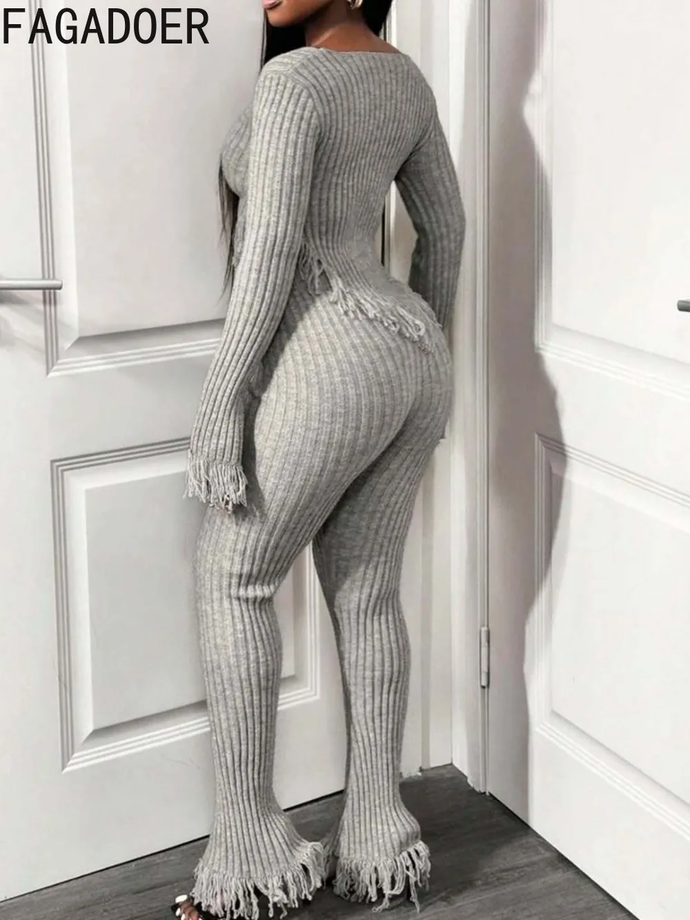 FAGADOER Y2k Sexy Knit Tassel Patchwork Woman 2 Piece Set Outfit Solid Color Long Sleeve Top + Pants Matching Female Streetwear