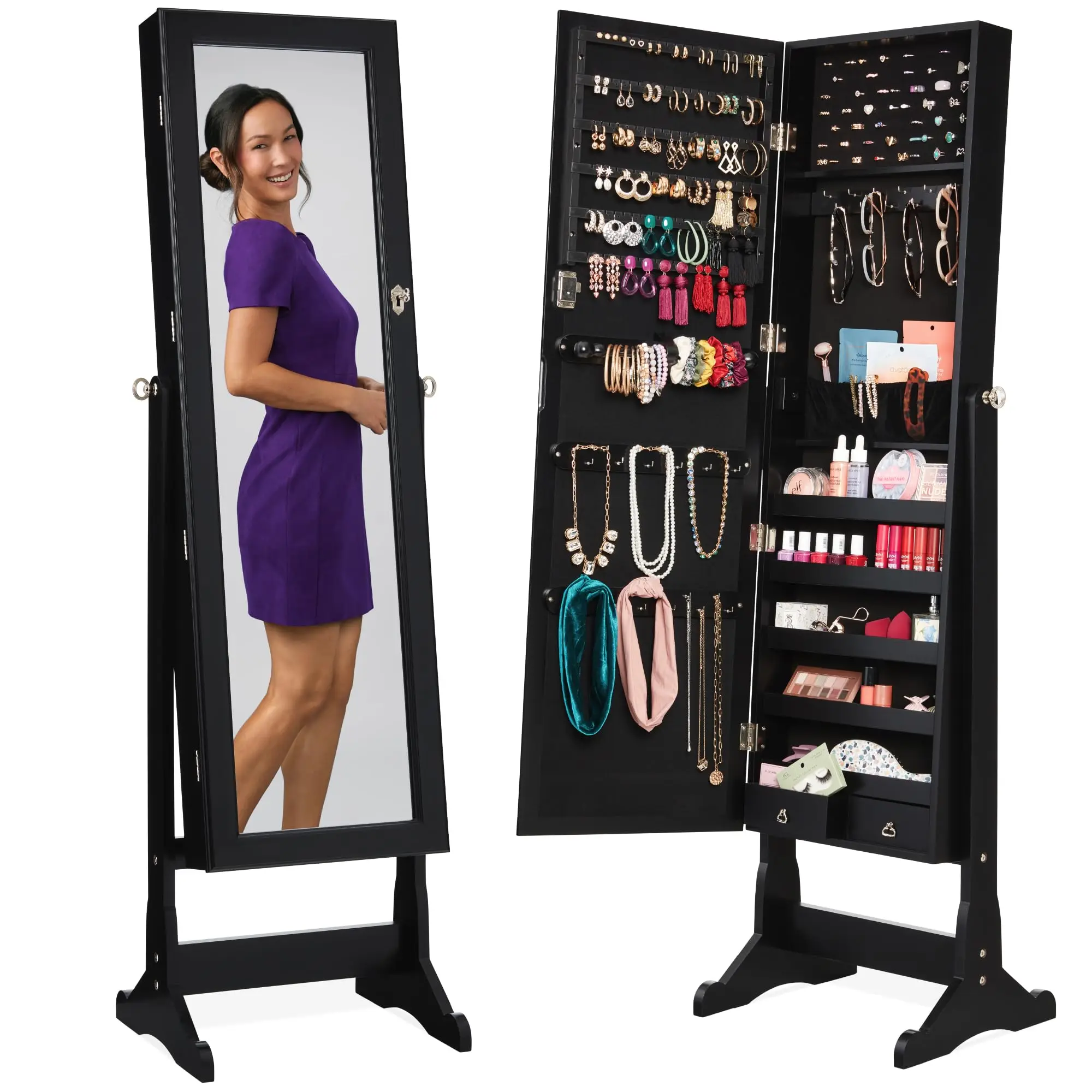 Full Length Mirror Jewelry Armoire - Freistehender Schmuckschrank, Ganzkörperspiegel, abschließbarer Organizer zur