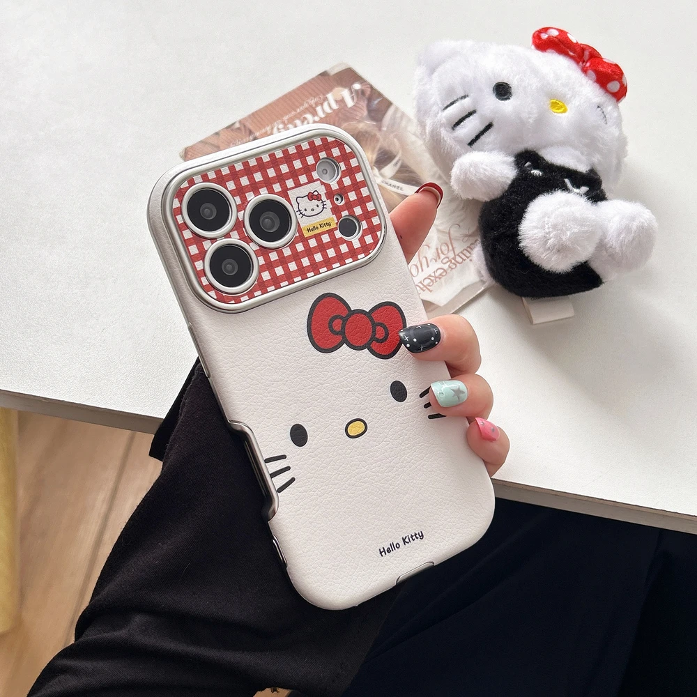 Милый мультяшный чехол Sanrio Hello Kitty с бантом для защиты объектива камеры, противоударный, из твердой кожи, для iPhone 17 16 15 14 13 Pro Max