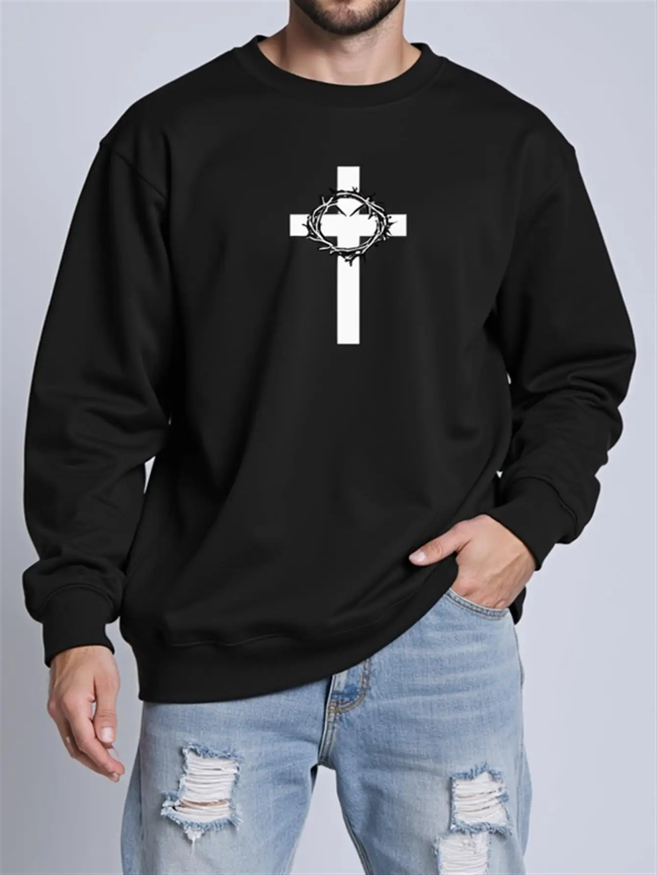 سويت شيرت كاجوال برقبة دائرية للرجال بتصميم متقاطع وتاج من الشوك - بلوفر ناعم ومطاط ومريح برقبة دائرية