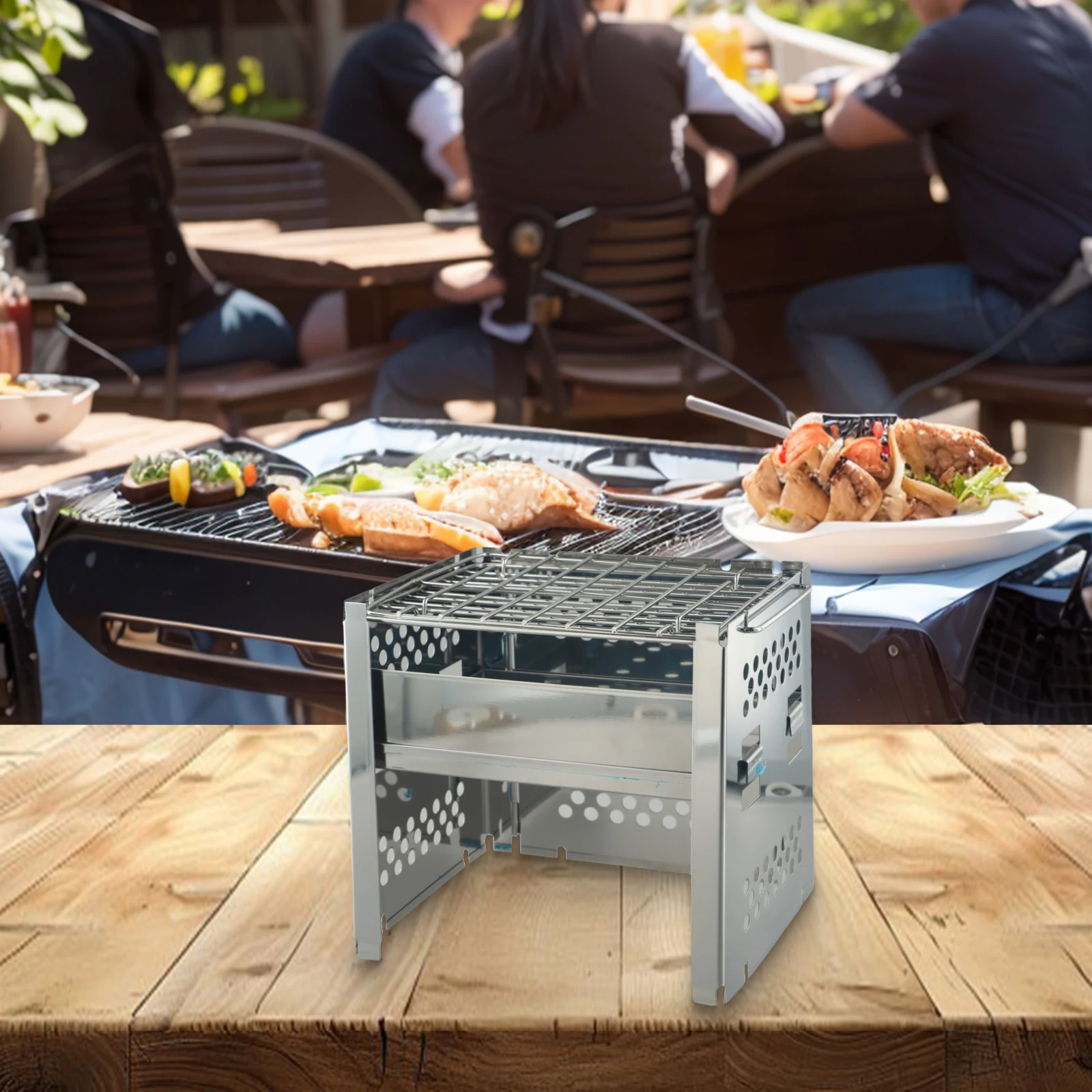 Grill Wood Burning Stove Outdoor Silver Stainless Steel 1Pcs Adjustable Folding Hot Sale Outdoor Camping Hiking Picnic Equipment